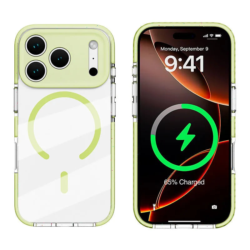 Transparent three-in-one magnetic iPhone case showing drop-resistant protection in Candy Green colour