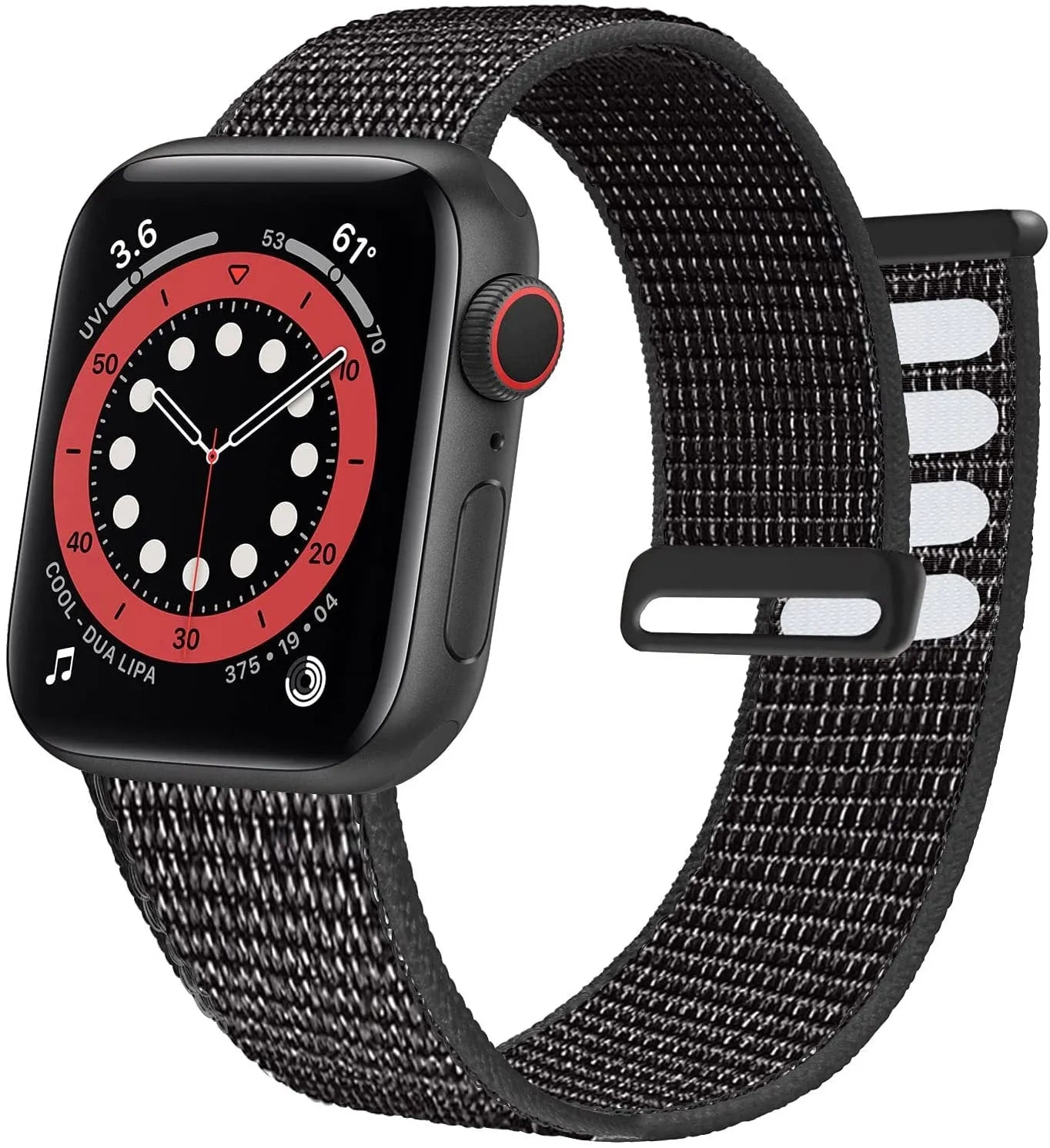 Woven nylon smartwatch strap in pink sand colour, shown detached from a watch.