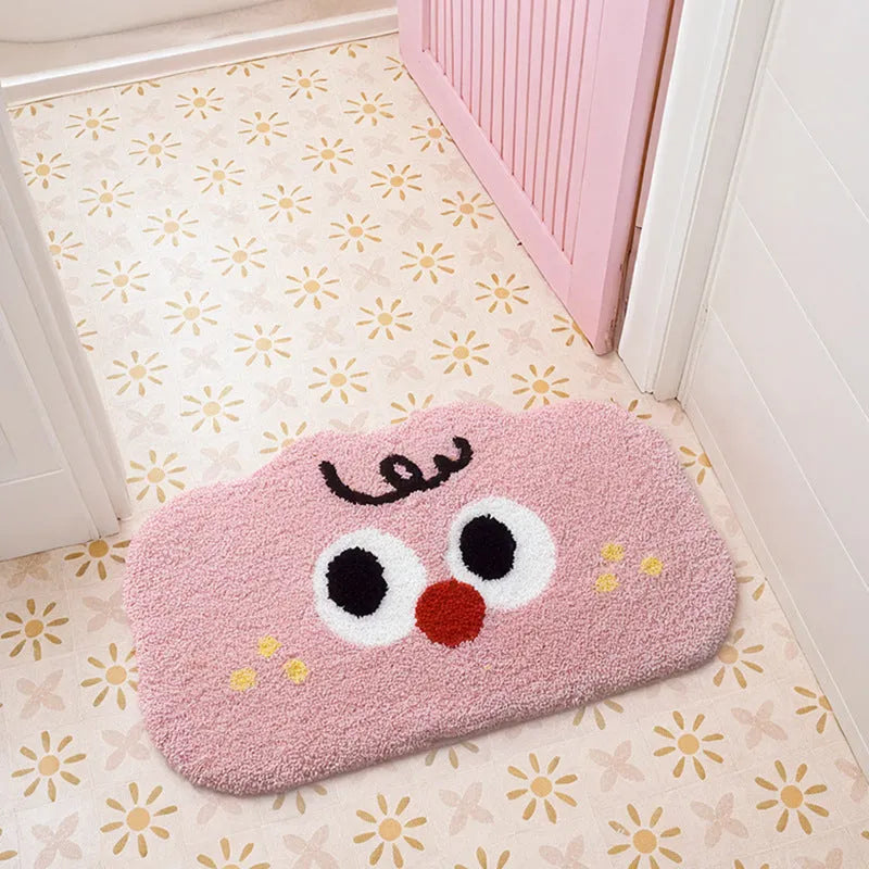 Cartoon anime bathroom floor mat with cashmere-like texture in green, blue, pink, black, or white colour options