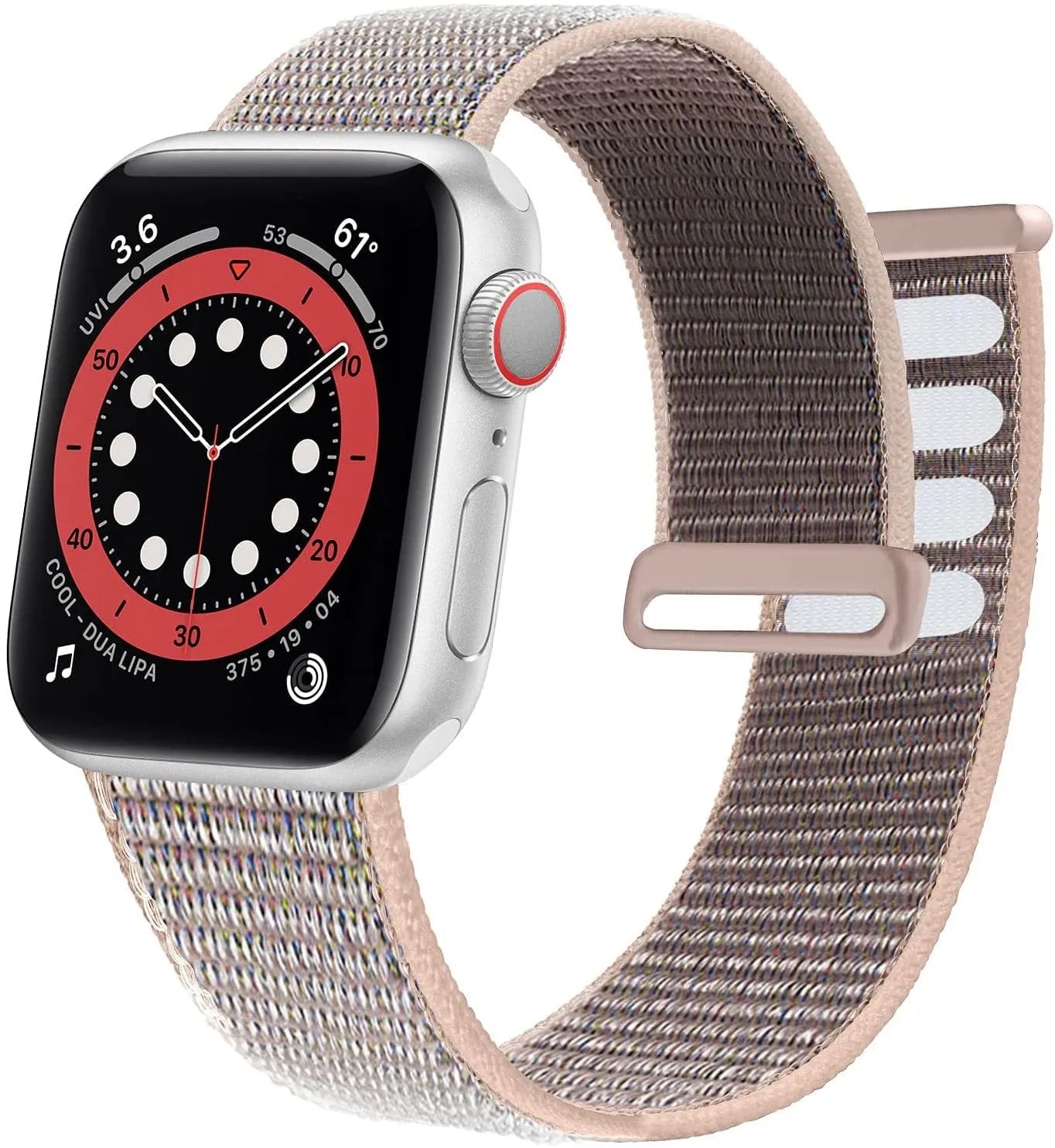 Woven nylon smartwatch strap in pink sand colour, shown detached from a watch.
