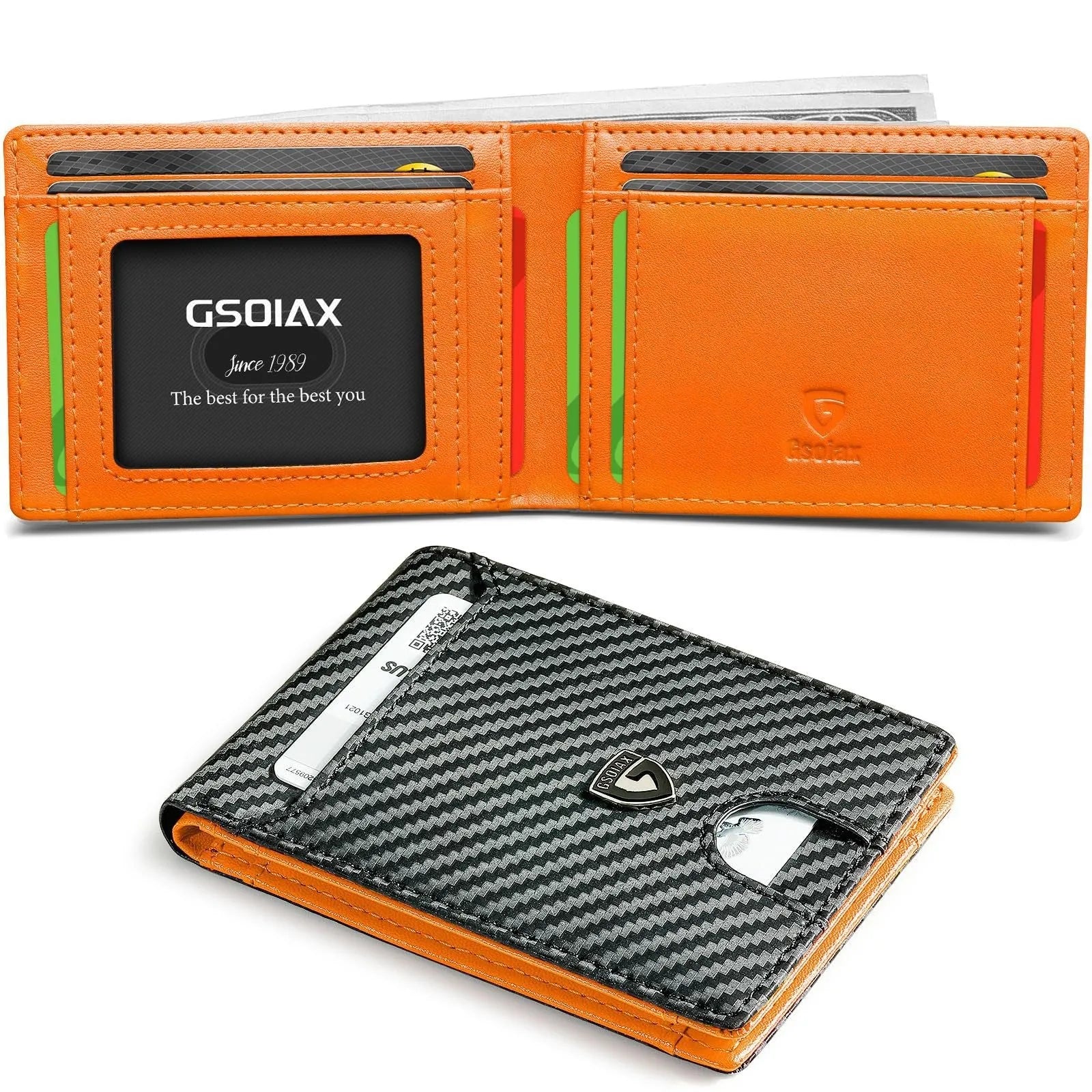 Men's carbon fibre business card holder with anti-theft RFID blocking, available in multiple colours including black and red