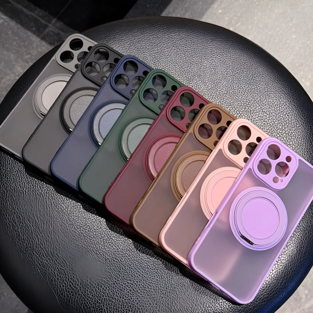 Transparent frosted magnetic phone case with a built-in folding stand for iPhone.