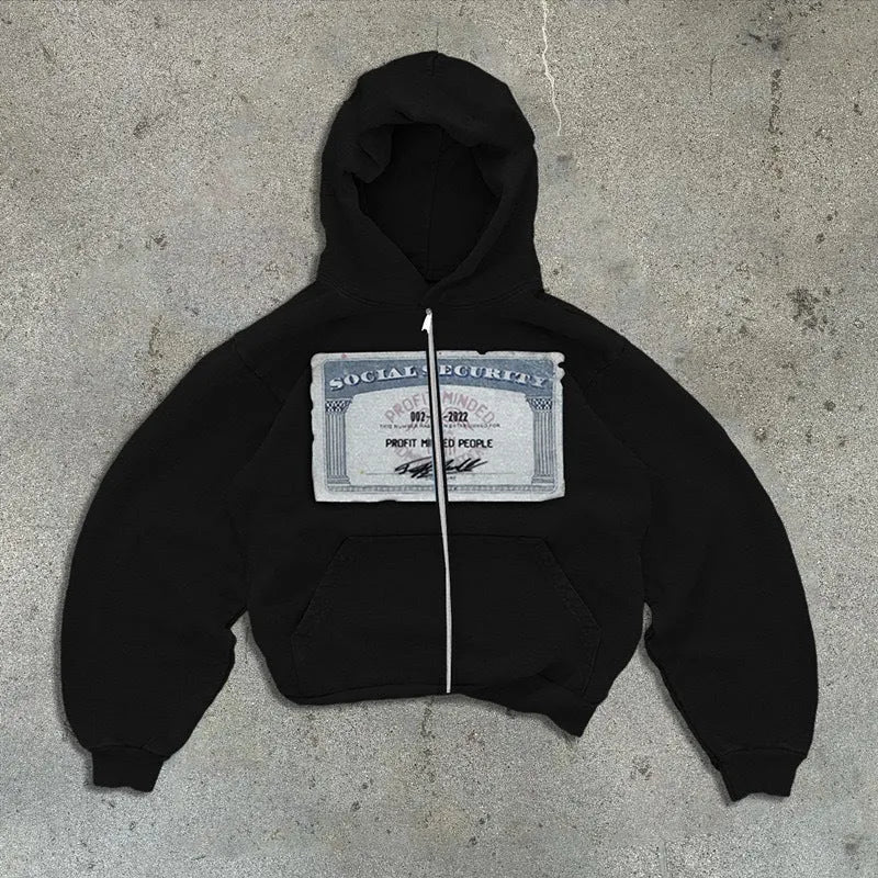 Black loose fit hoodie zipper jacket with white letter pattern print and front pocket