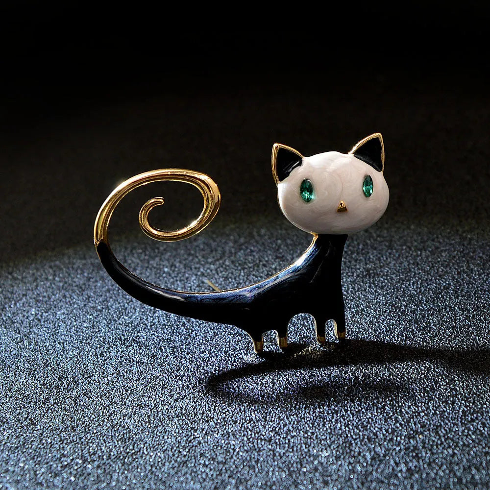 Personalised painted kitten brooch with raised tail in alloy metal, orange and white colour options