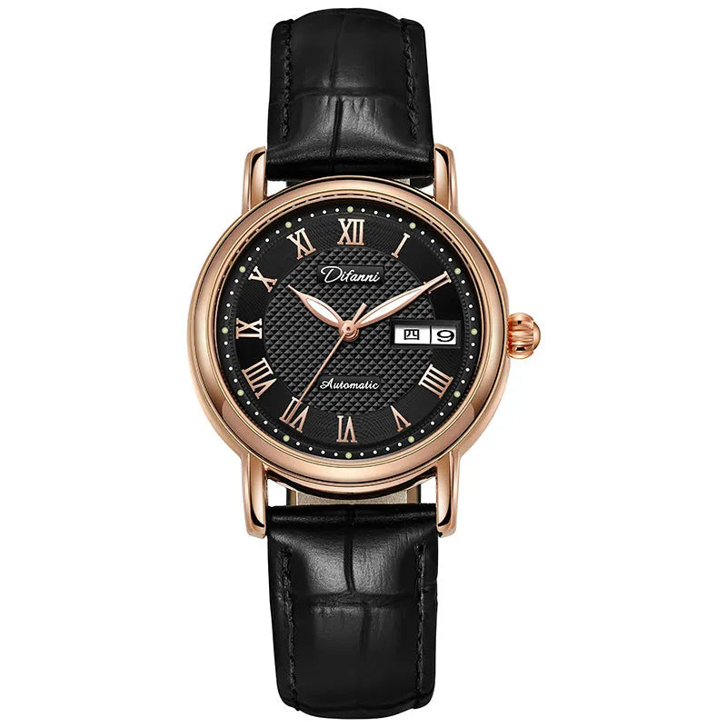 Women's automatic mechanical watch with white dial on a rose gold steel bracelet.