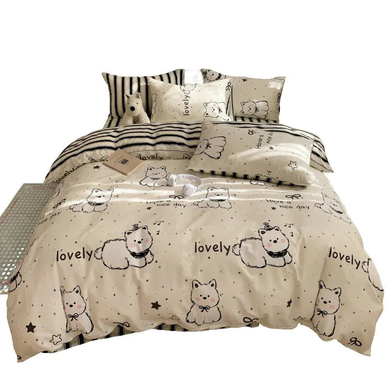 Cartoon dog pattern pure cotton duvet cover and pillowcases on a bed, showing Animal World design.