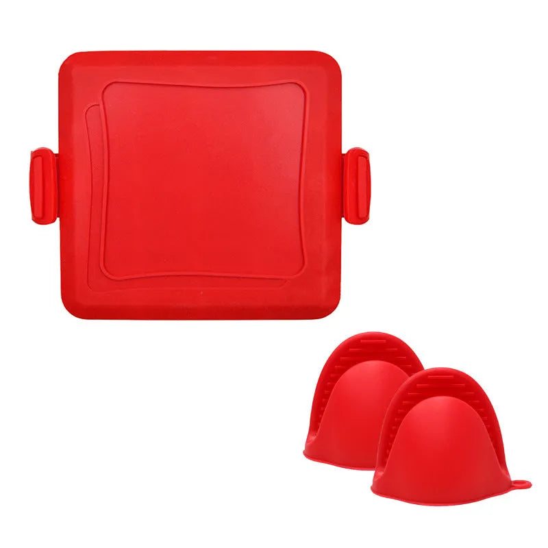 Red silicone baking tray and heat-resistant gloves set in colour box packaging