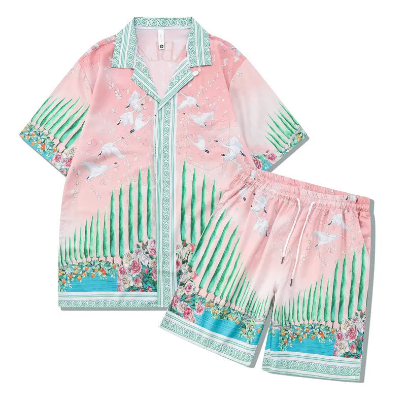 Men's printed plaid beach outfit with short sleeve shirt and trousers in polyester fabric