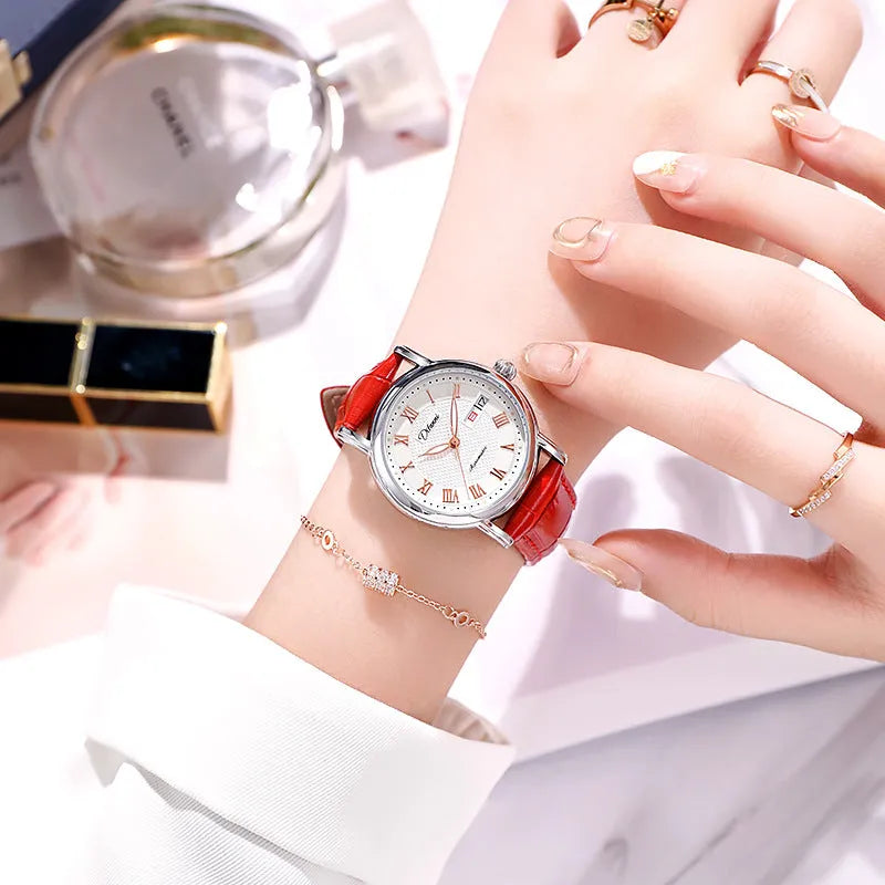 Women's automatic mechanical watch with white dial on a rose gold steel bracelet.