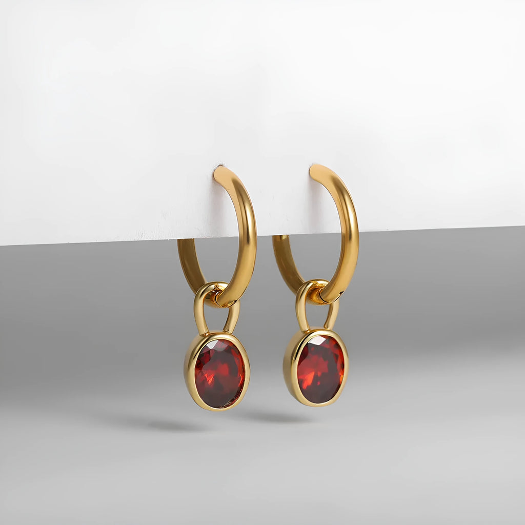 Close-up of women's copper oval zircon drop earrings in army green, showing post and clutch back.