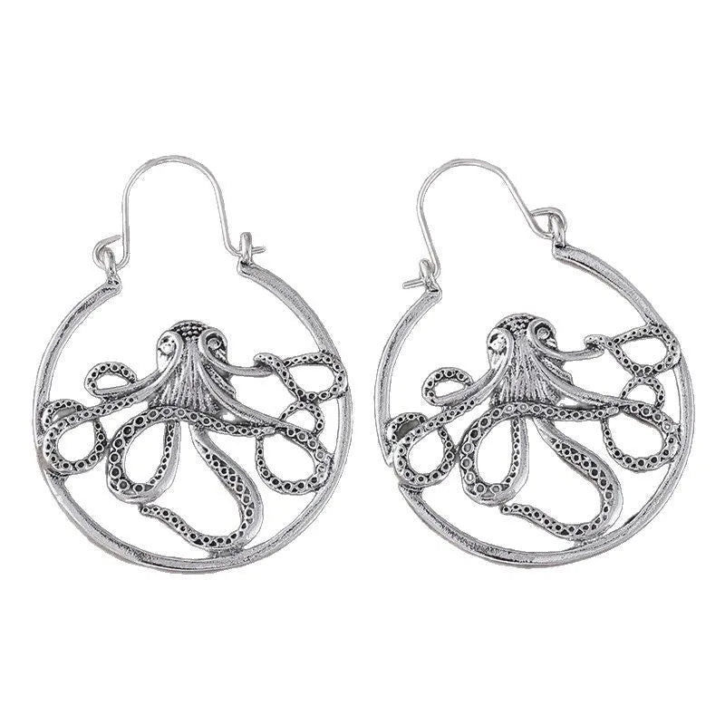 Zinc alloy octopus earrings with electroplated antique silver finish