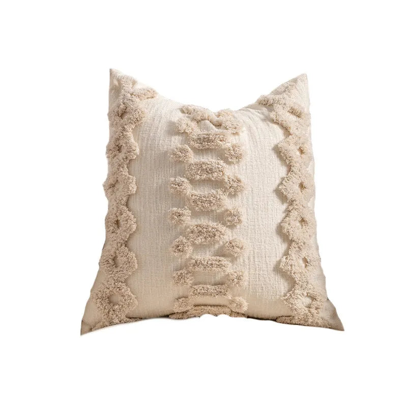 Knitted pillow cover with tassel fringe in striped pattern