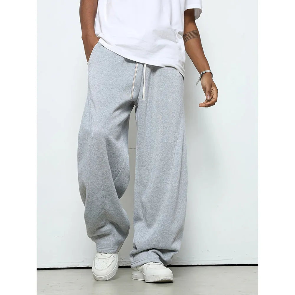 Men's straight-leg casual trousers in black with a micro-elastic waistband and drawstring