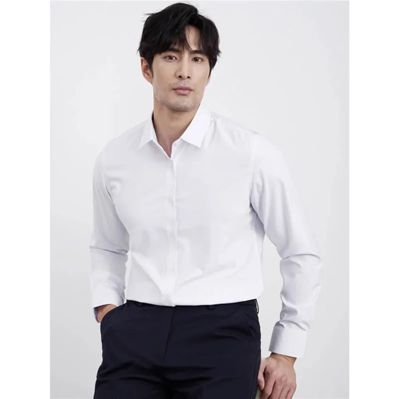 Men's wine red slim fit long sleeve business shirt laid flat, non-iron cardigan style.