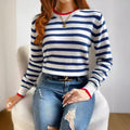 Sapphire Blue striped British style pullover jumper with contrast colour design and round neck