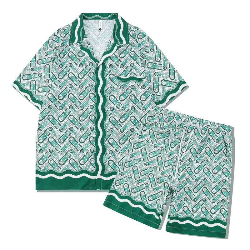 Men's printed plaid beach outfit with short sleeve shirt and trousers in polyester fabric