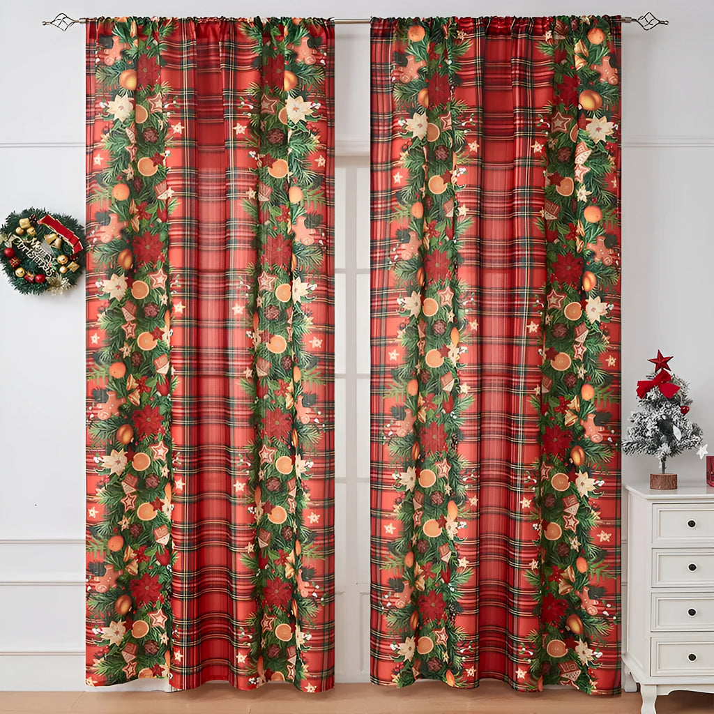 American-style rectangular curtain with printed festive design showing semi-sunshade function