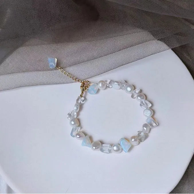 Gray moonlight double-layer bracelet with aquamarine moonstone tigereye pearl accents for women
