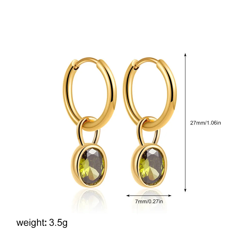Close-up of women's copper oval zircon drop earrings in army green, showing post and clutch back.