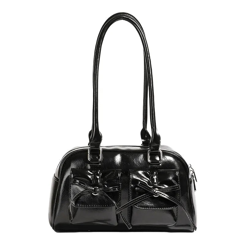Women's PU shoulder bag horizontal square shape bow stitching detail black colour option