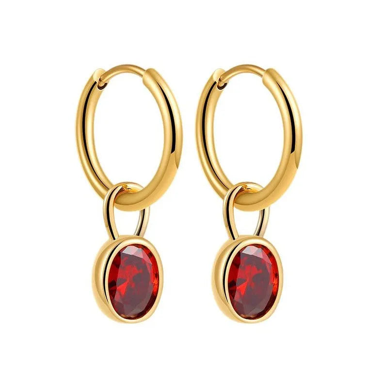 Close-up of women's copper oval zircon drop earrings in army green, showing post and clutch back.