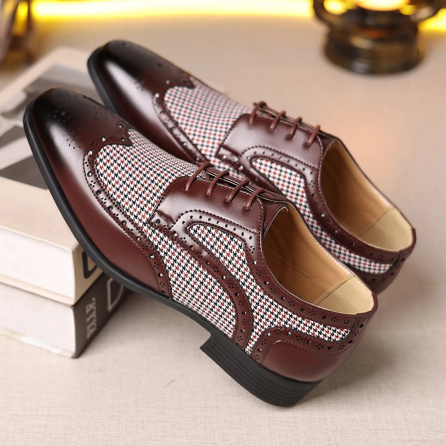 Men's houndstooth plaid casual shoes with canvas upper, rubber sole, and square toe in multiple colours
