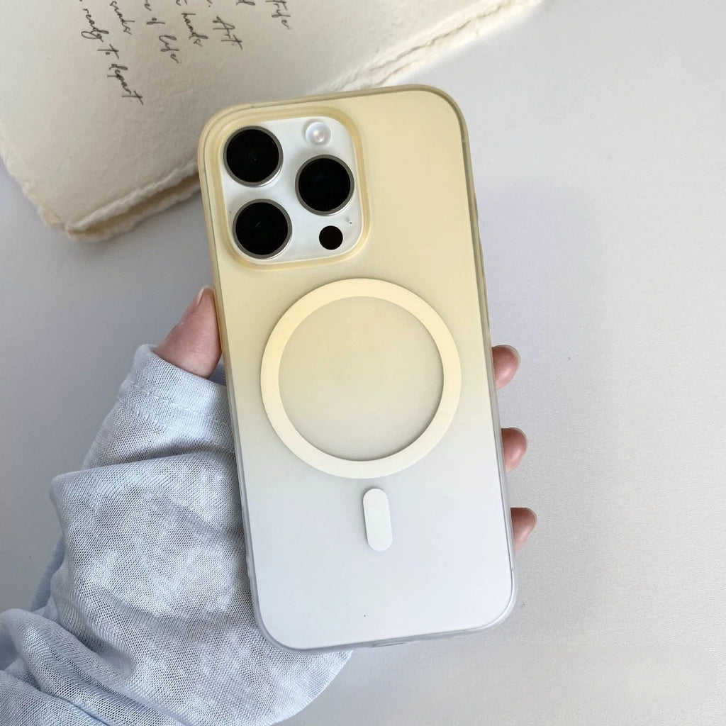 Gradient colour frosted magnetic suction protective case for iPhone on a white background.