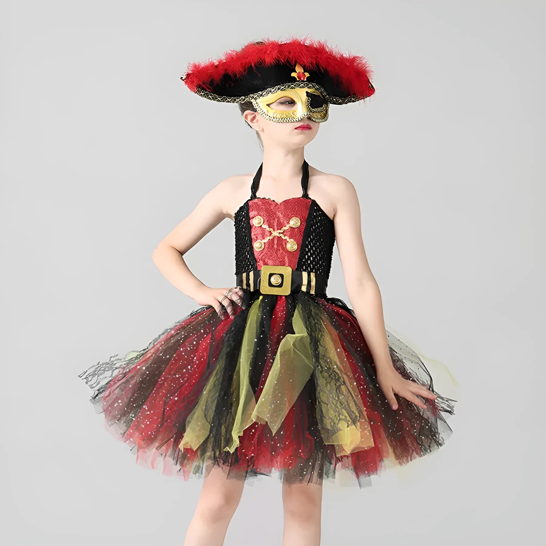 Girls sleeveless pirate costume dress with sequins and gauze mesh, Pirates of the Caribbean themed.