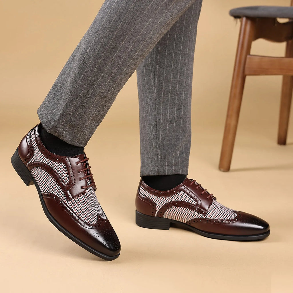 Men's houndstooth plaid casual shoes with canvas upper, rubber sole, and square toe in multiple colours