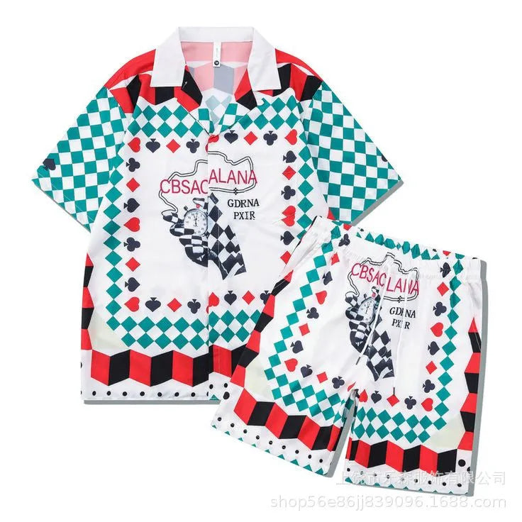 Men's printed plaid beach outfit with short sleeve shirt and trousers in polyester fabric