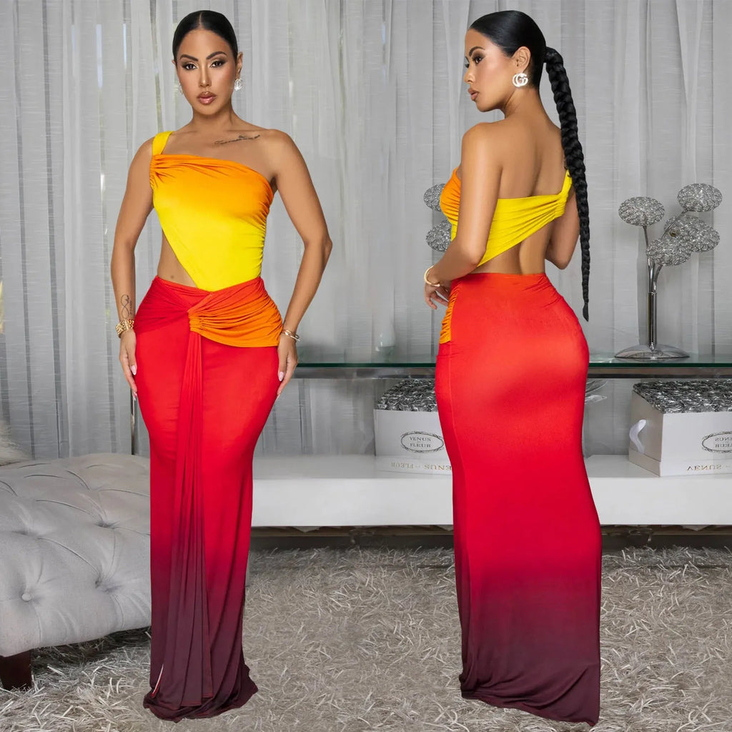 Women's brown gradient cross-shoulder sleeveless maxi dress with a high waist on a mannequin.