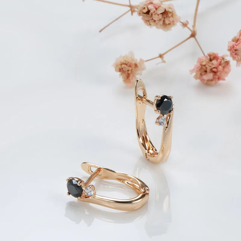 Black agate drop earrings with gold finish and geometric retro design for women