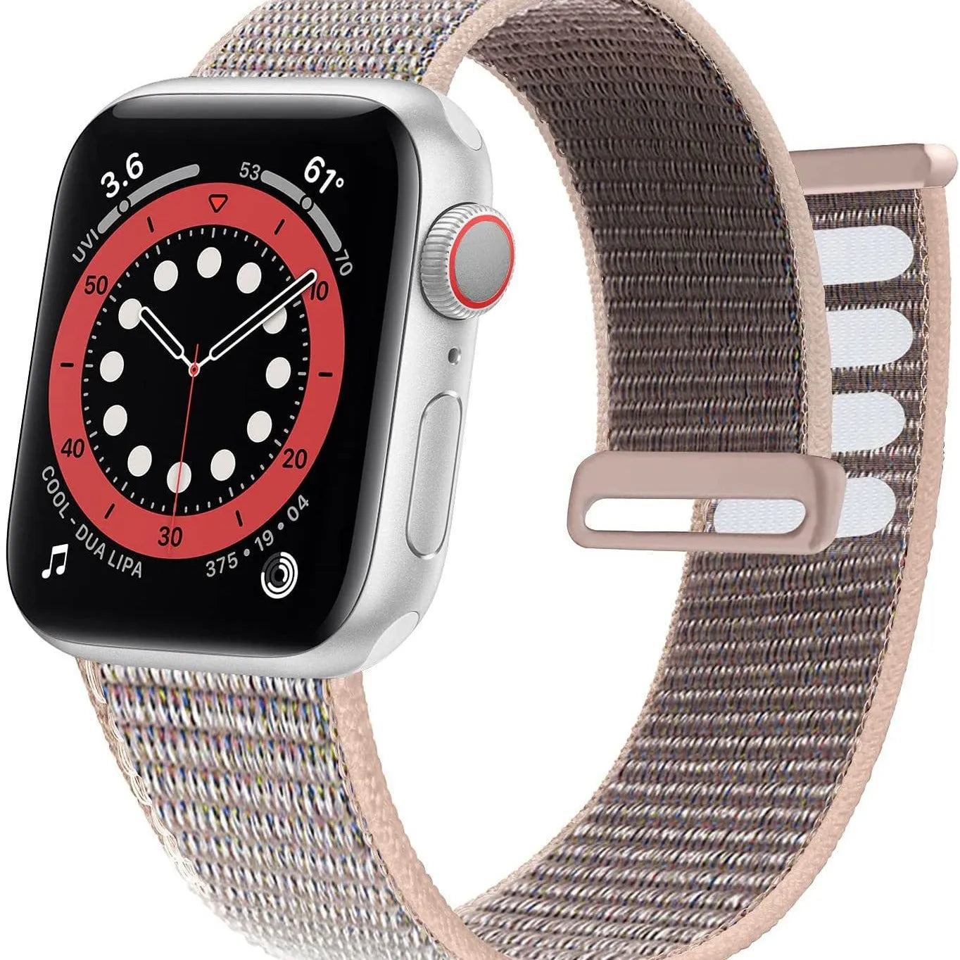 Woven nylon smartwatch strap in pink sand colour, shown detached from a watch.