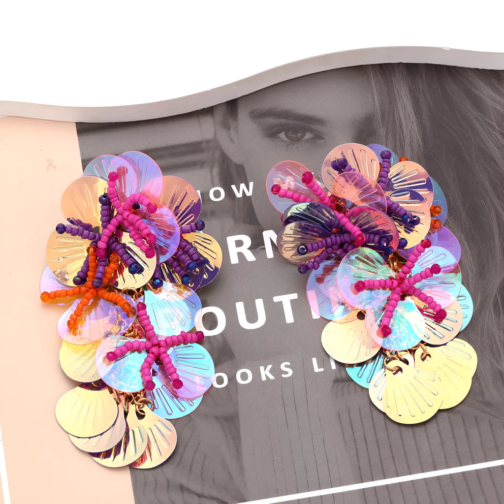 Handmade string bead flower earrings in colourful, purple and rose options with exaggerated dopamine design