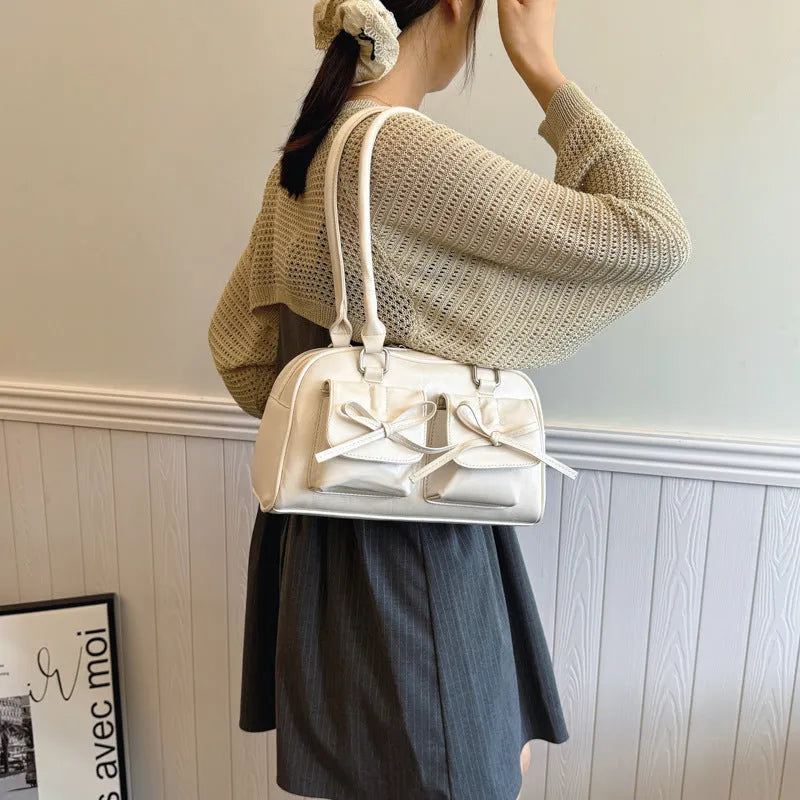 Women's PU shoulder bag horizontal square shape bow stitching detail black colour option