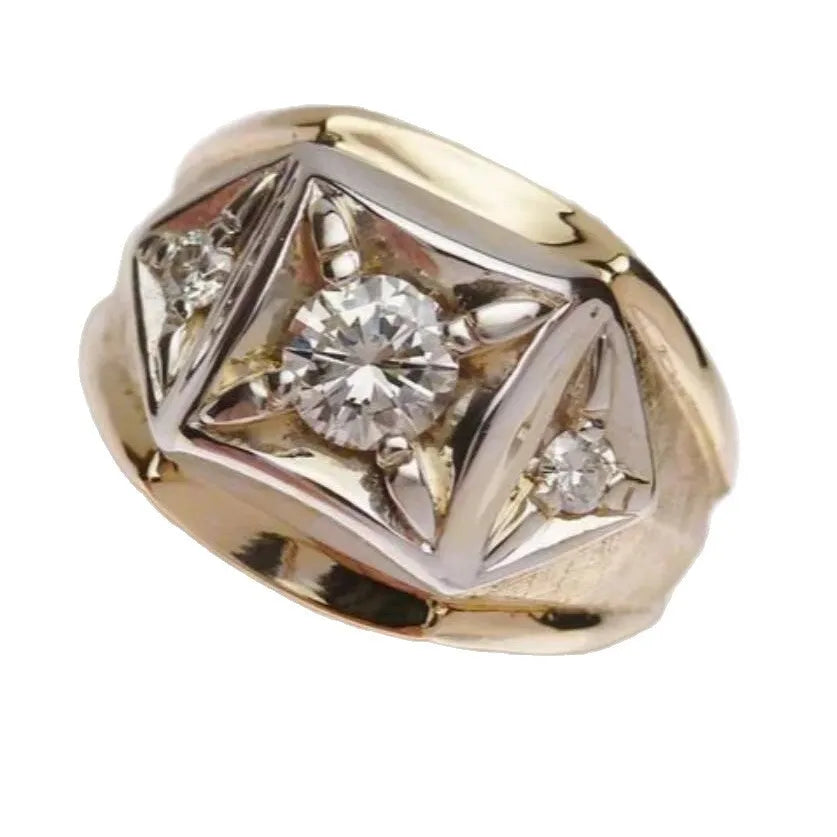 Gold-coloured geometric wide face couple rings with hollow design and chamfered square pattern.