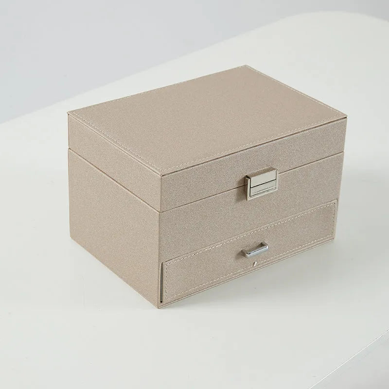 PU leather jewellery storage box in black pink rose gold or beige measuring 22.5cm × 15.5cm × 14cm