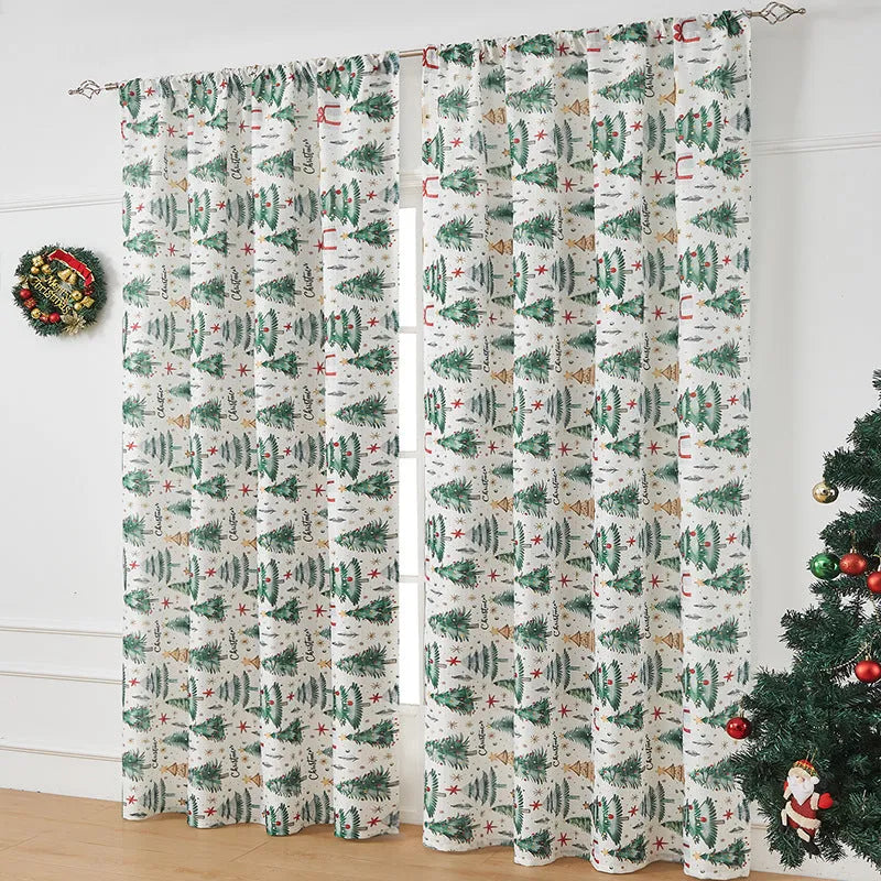 American-style rectangular curtain with printed festive design showing semi-sunshade function