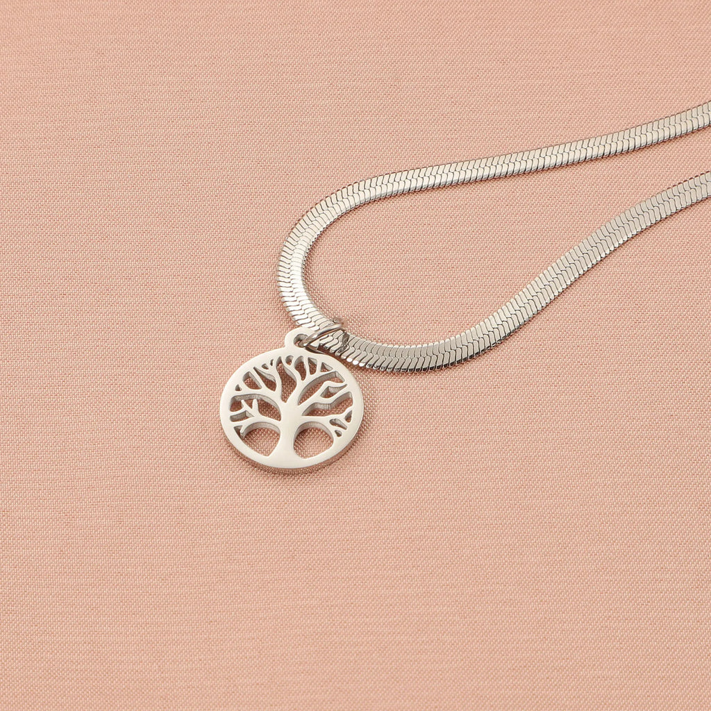 Stainless steel necklace with a U-shaped tree pendant on an adjustable snake chain.