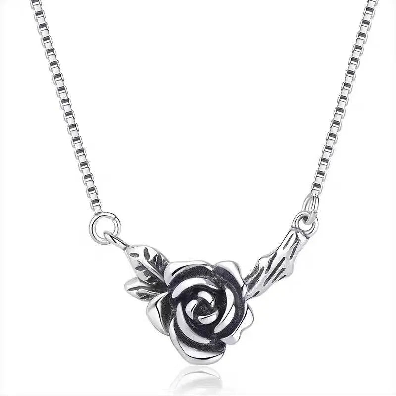 Retro black rose necklace for women with copper cross chain and vintage rose distressed flower pendant