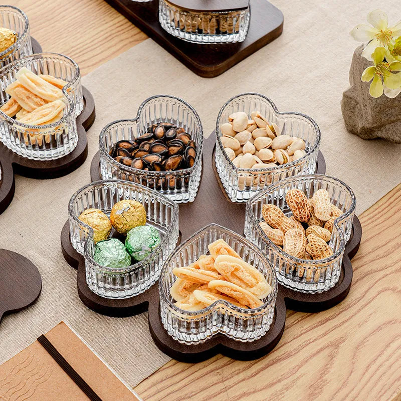 Glass dim sum plate with transparent heart-shaped lid in retro style, showing compartment options