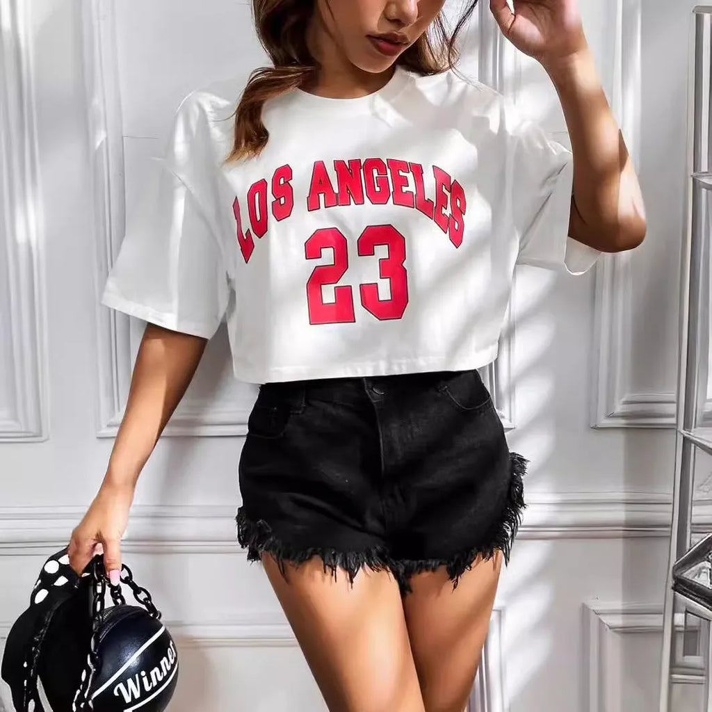 Black personalised '23 Letters' printed cotton T-shirt with loose fit and exposed navel style on a mannequin.