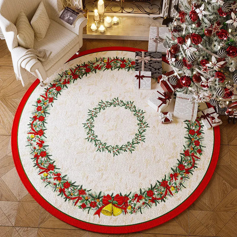 Christmas red round velvet floor mat with absorbent non-slip design for living room decoration