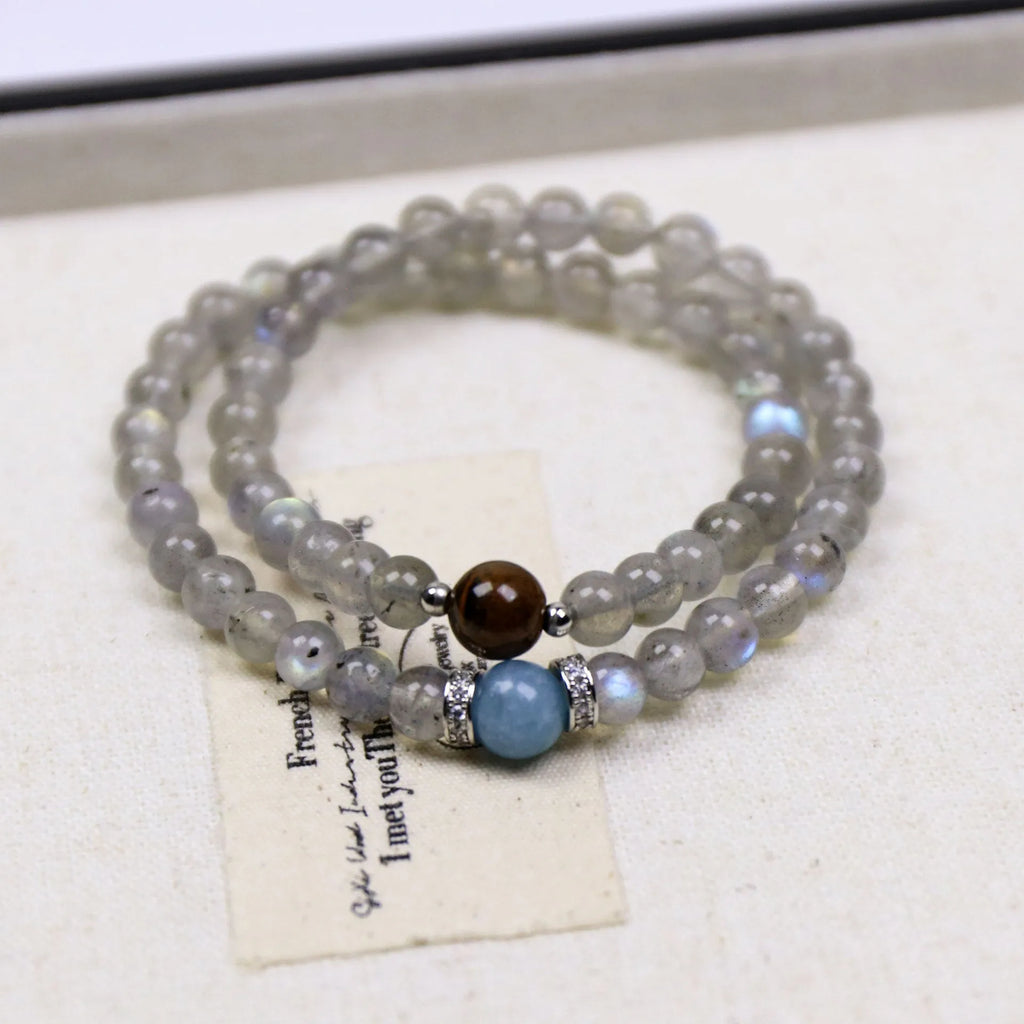 Gray moonlight double-layer bracelet with aquamarine moonstone tigereye pearl accents for women