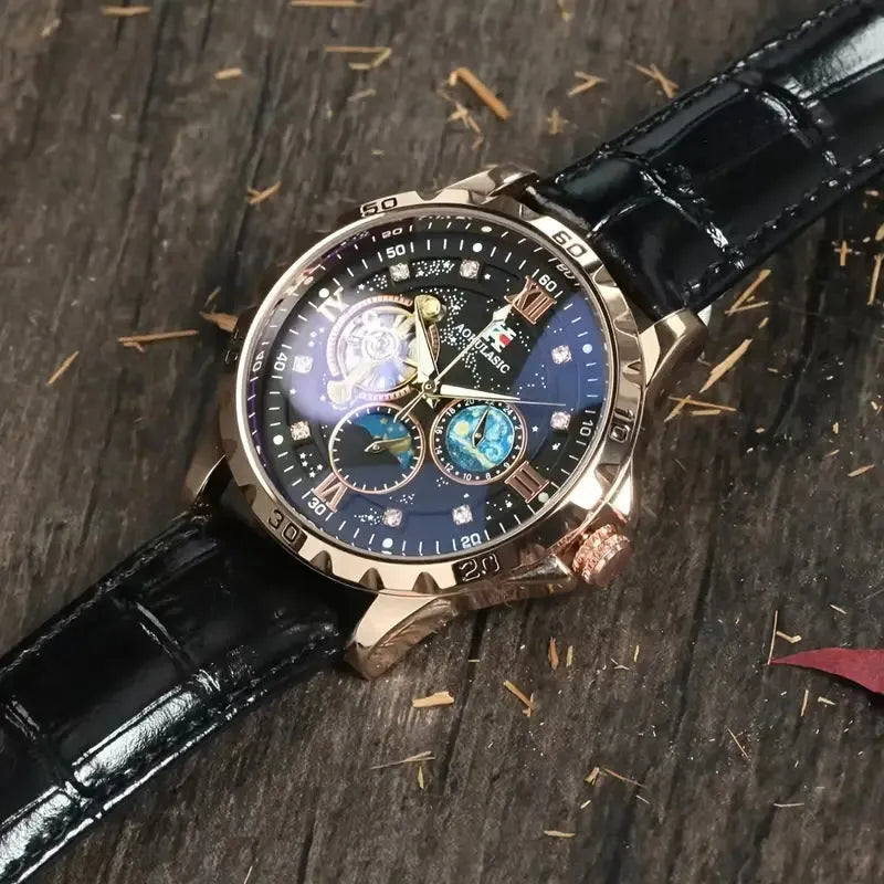Men's large dial automatic watch with rose gold case, black hollow dial, and transparent back on leather strap.