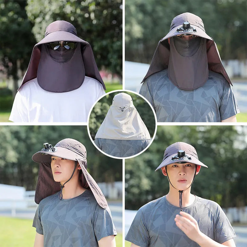 Men's khaki sun hat with USB rechargeable fan and attached face covering shawl for outdoor protection