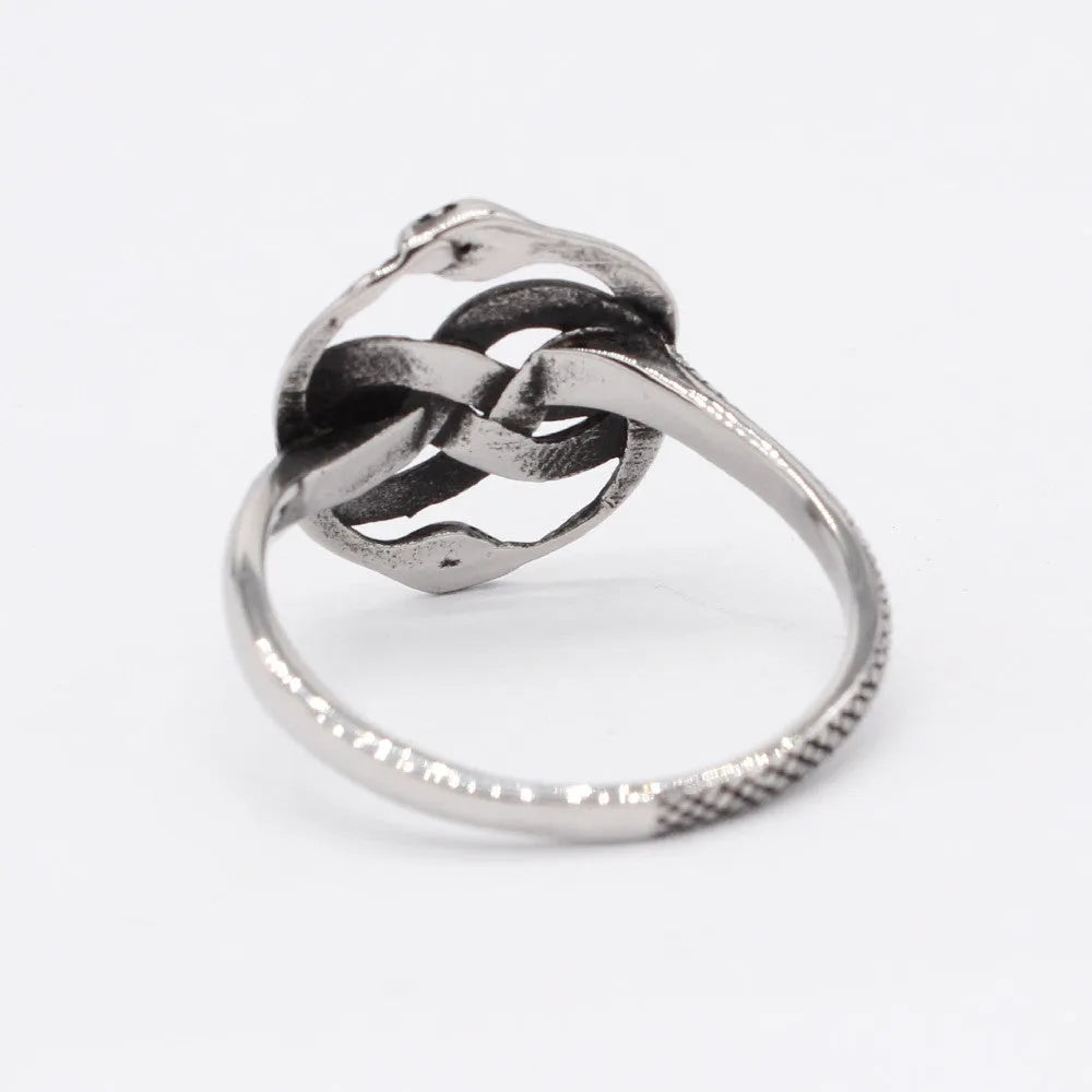 Titanium steel double snake ring in retro style with a steel colour finish, shown on a hand.