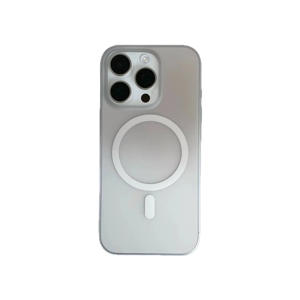 Gradient colour frosted magnetic suction protective case for iPhone on a white background.
