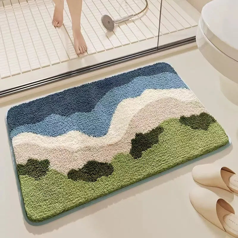 Square rainbow print floor mat with sky and sea colours on a flat, light-coloured polyester fibre pile.