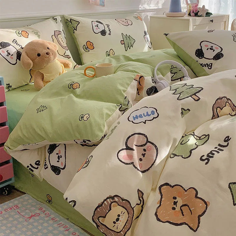 Cartoon dog pattern pure cotton duvet cover and pillowcases on a bed, showing Animal World design.